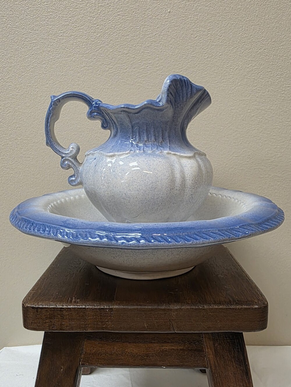 Vintage Blue and White Ceramic Pitcher and Basin Set